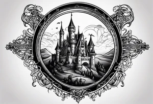 Cyber sigilism tatto with gothic castle tattoo idea
