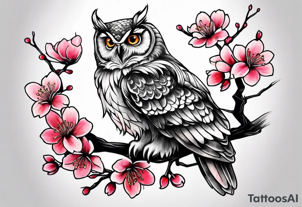 Owl and cherry blossoms tattoo idea