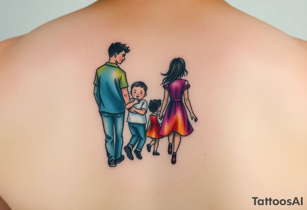 Family 2 parents, 1 baby boy, one 3-year girl wlking through the horizons tattoo idea