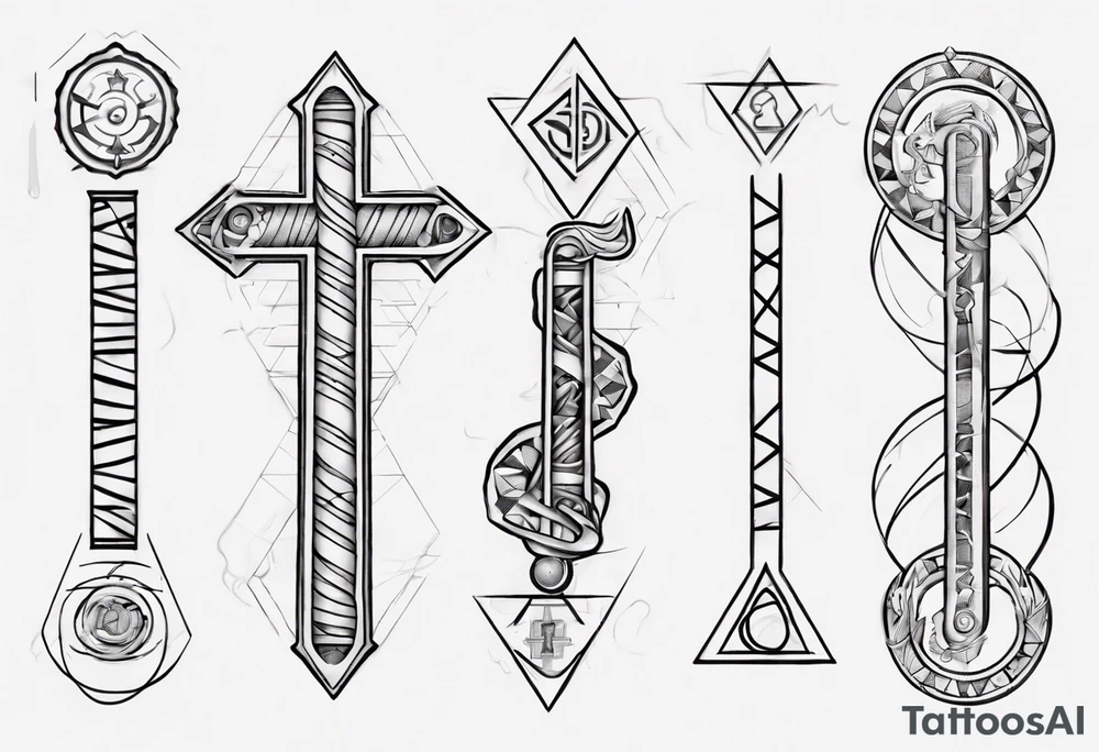 fine line Rod of Asclepius
 with "T1D" at the top with triangles and circles and squares in the background tattoo idea