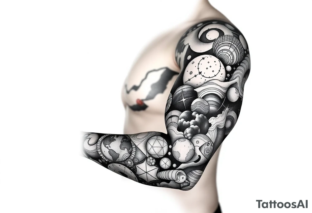 outer space, planets, geometric patterns, string theory tattoo idea
