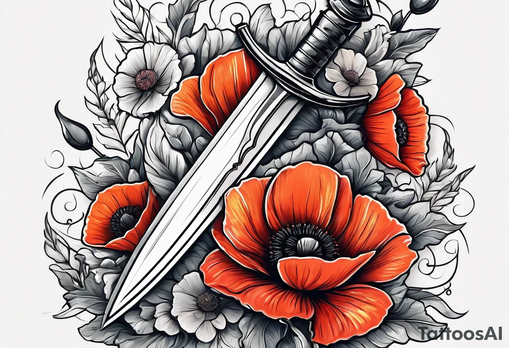 A dagger stabbing a book surrounded by poppy flowers tattoo idea