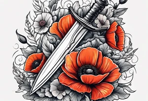 A dagger stabbing a book surrounded by poppy flowers tattoo idea