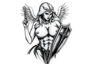 blonde valkyrie with sword and shield -- location calf -- image should show entire body of the valkyrie -- she should have large breasts and beautiful yet tough tattoo idea