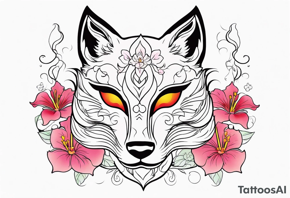 White japanese mask that looks like a kitsune with red and yellow accents and pink hibiscus flowers and green vines surrounding it tattoo idea
