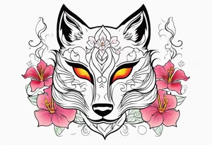 White japanese mask that looks like a kitsune with red and yellow accents and pink hibiscus flowers and green vines surrounding it tattoo idea
