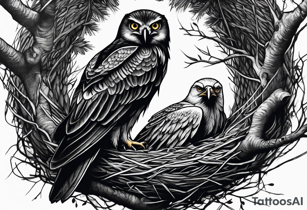 Owl, raven, eagle cuddled in a nest, looking down into the nest tattoo idea