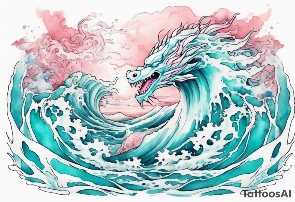 a beautiful turquoise pink and white sea  Drakaina rising from the waves of the ocean tattoo idea