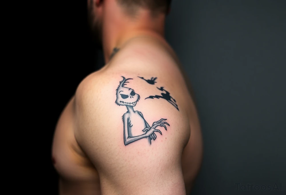 Spooky christmas arm tattoo with the grinch and jack skellington tattoo idea