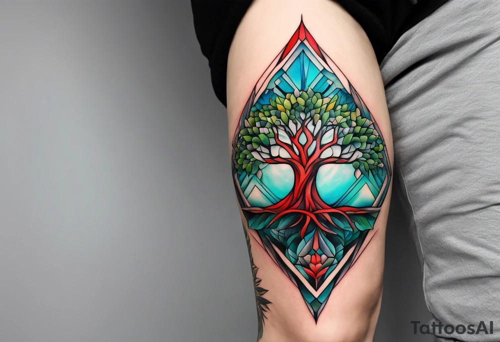 geometric style tattoo on knee with baby blue, red, and green accents. tree tattoo idea