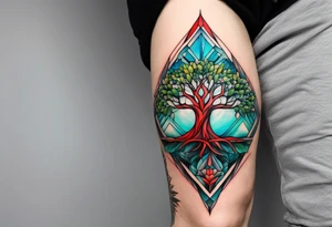 geometric style tattoo on knee with baby blue, red, and green accents. tree tattoo idea