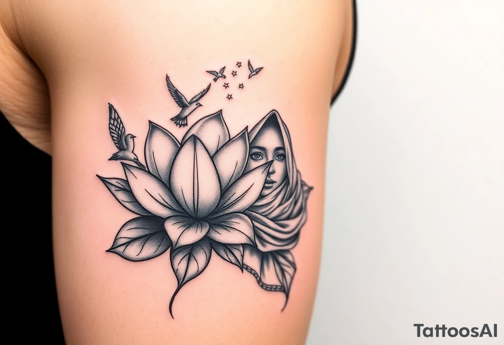 Lotus flower that breaks into flying birds and a clock in background with an arab woman with scarf covering her face tattoo idea