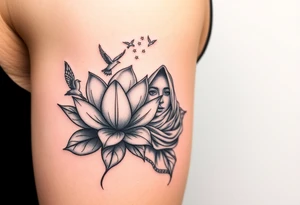 Lotus flower that breaks into flying birds and a clock in background with an arab woman with scarf covering her face tattoo idea