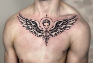 Angel on shoulder with wings going over chest and shoulder blade tattoo idea