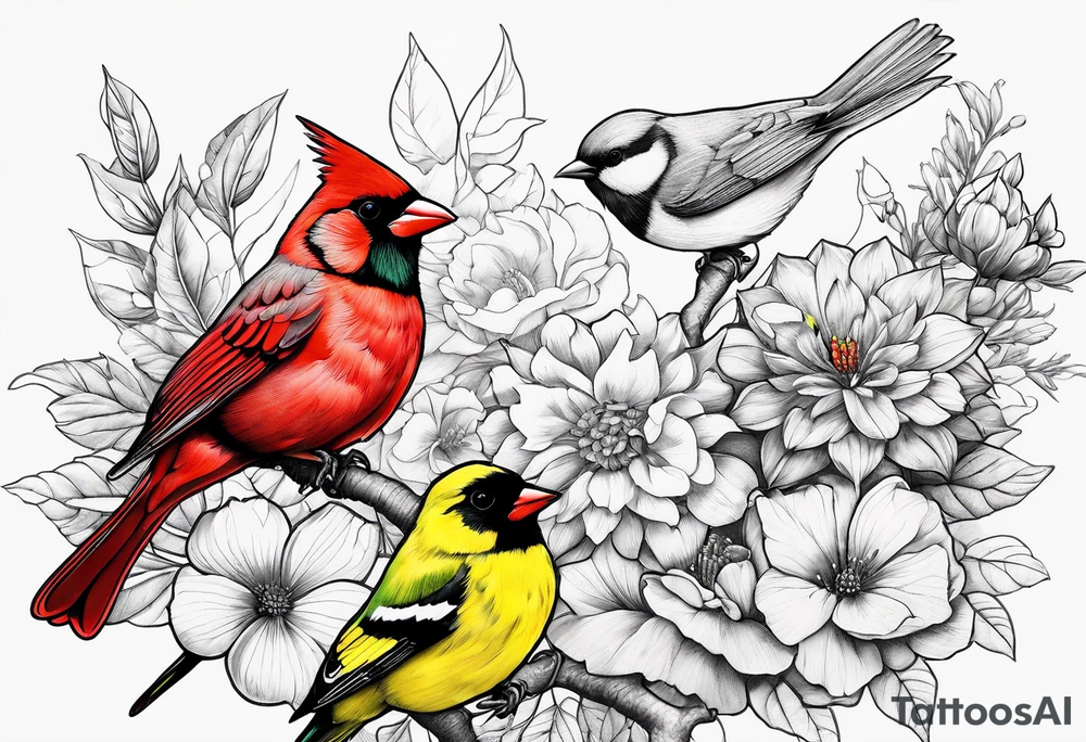 A flower garden with three birds one red cardinal one green and red breasted humming bird and one yellow finch tattoo idea