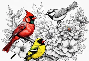 A flower garden with three birds one red cardinal one green and red breasted humming bird and one yellow finch tattoo idea