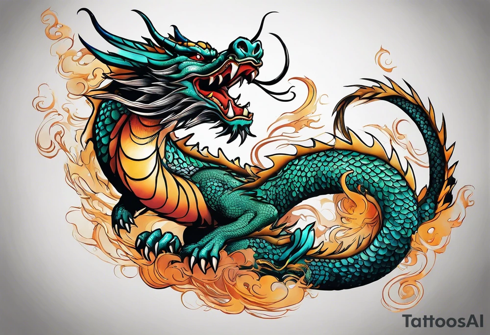 An epic floating asian dragon. Its long body coiling dynamically, with scales and horns detailed to create a sense of movement and strength. The dragon's giving a vibrant depth and a mystical aura. This tattoo highlights the dragon’s fierce expression and sharp claws. tattoo idea