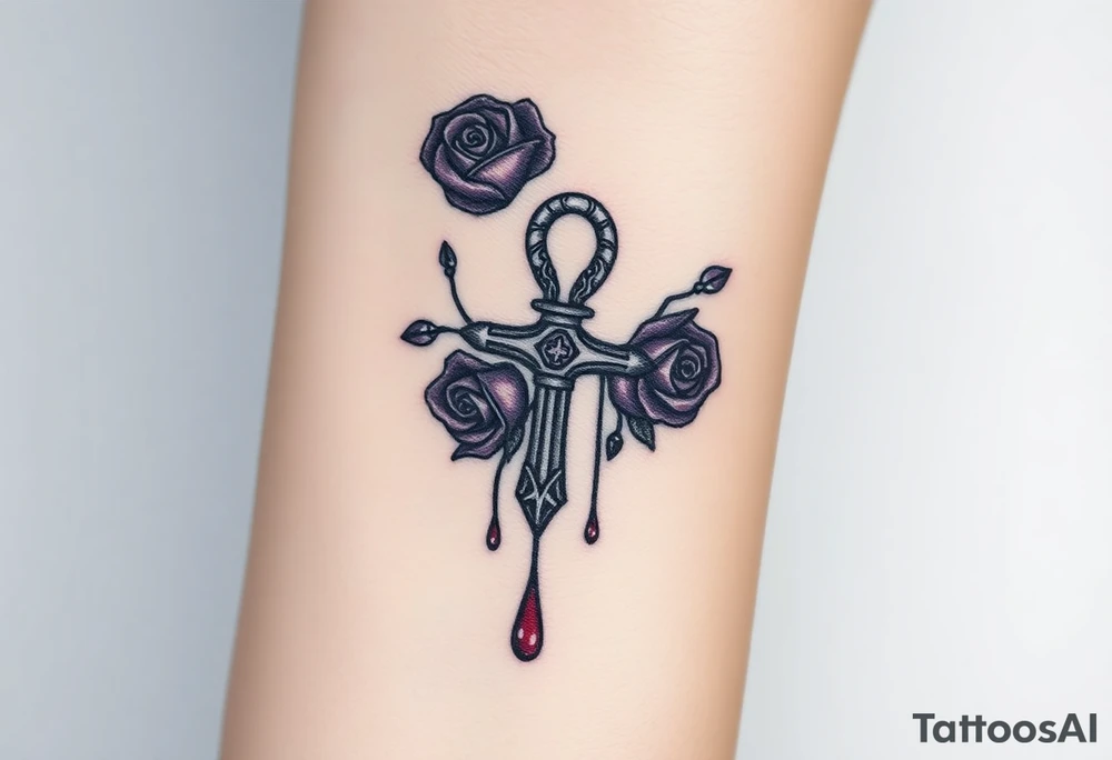 A silver Ankh wrapped in deep purple roses, with drops of blood-red ink dripping from its base, evoking gothic romance and eternal love. tattoo idea