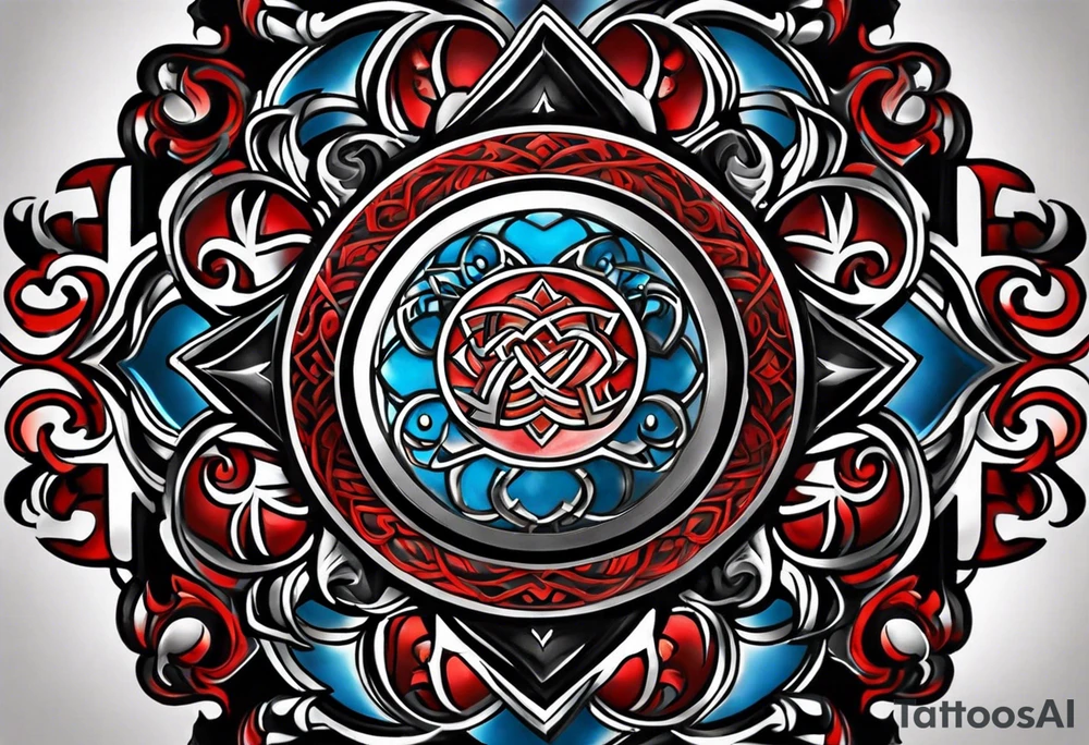 a tattoo whose main theme is balance but also resembles new begining, strong willpower, peace and loyalty. This should be for the front part of the shoulder. maybe add the ying-yang symbol somewhere in the tattoo. Tattoo should have an equal amount of blue and red along with the overall tattoo being black tattoo idea