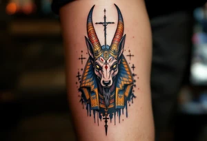 An Anubis with a Halo - Blending Egyptian mythology with Christian spirituality (only red , blue and black are possible colors) tattoo idea