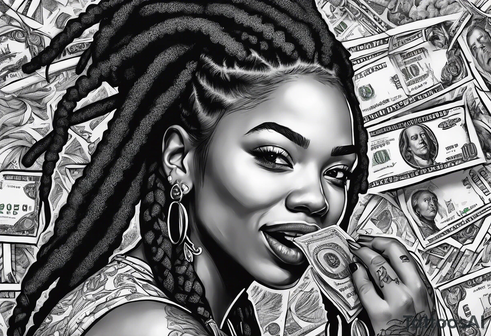 woman with dreadlocks biting money tattoo idea