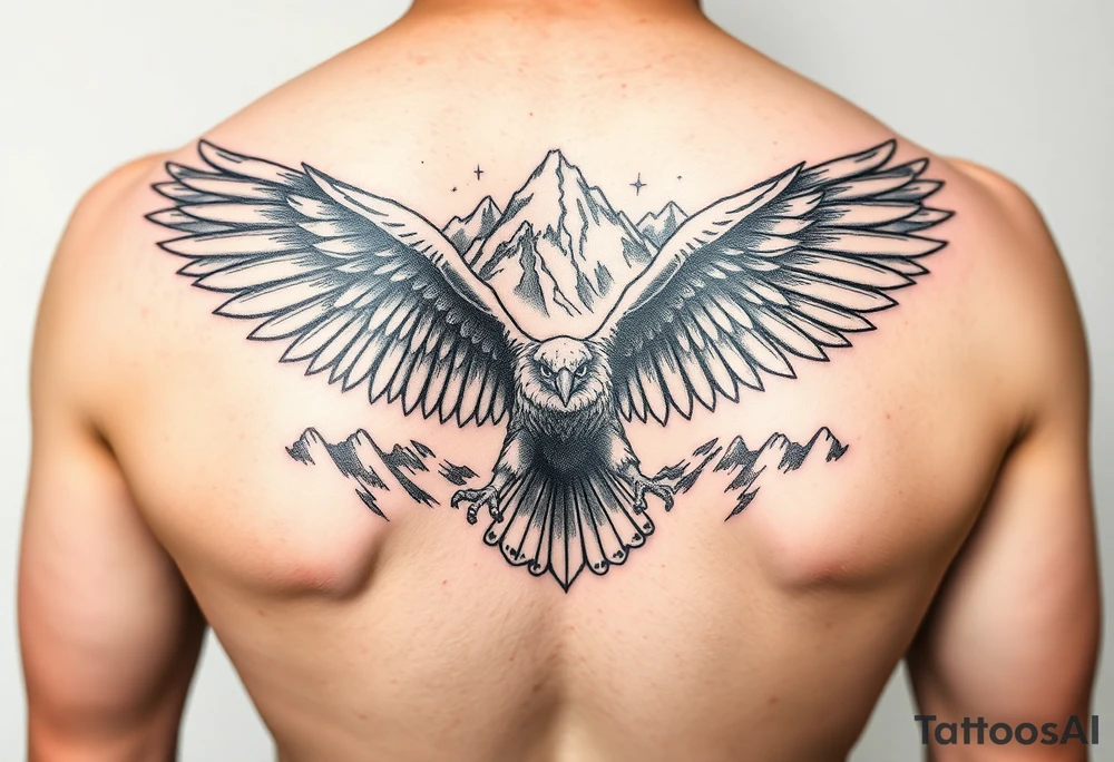 majestic eagle spreading wings against mountain peaks tattoo idea