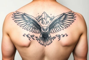 majestic eagle spreading wings against mountain peaks tattoo idea