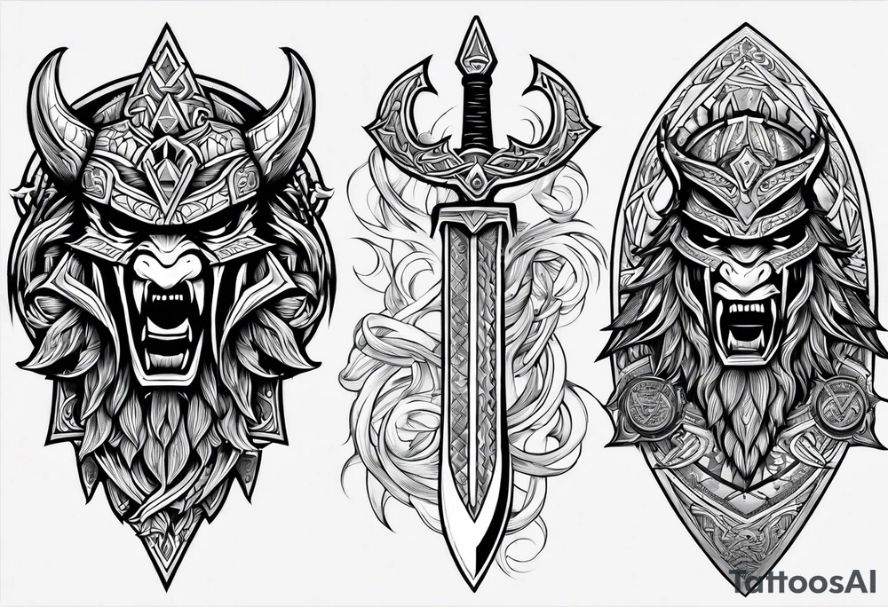 Valhalla sword shield long ship dragon head axe Valknut tattoo idea