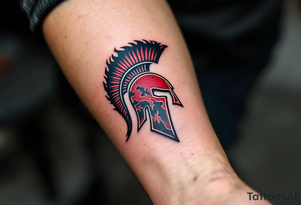 A bold red and burgundy Sparta “S” crest wrapped in black flames on the forearm. tattoo idea
