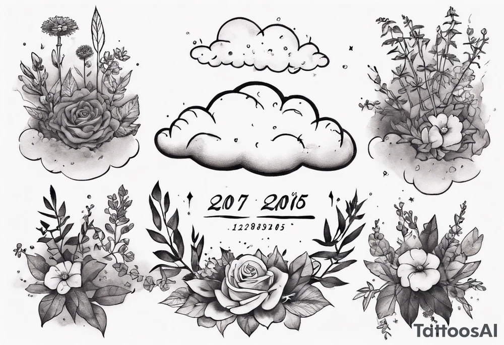 a forearm tattoo with a cloud with little plants and underneath it the date 12.08.05 tattoo idea
