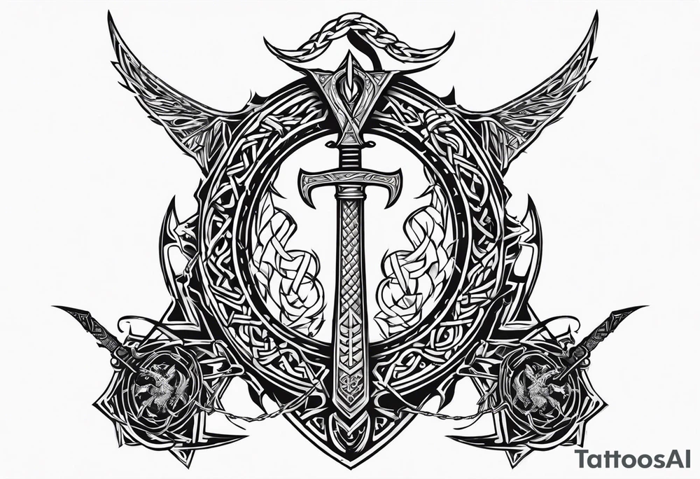 Valhalla sword shield dragon axe Valknut barbed wire chains tribal tattoo idea