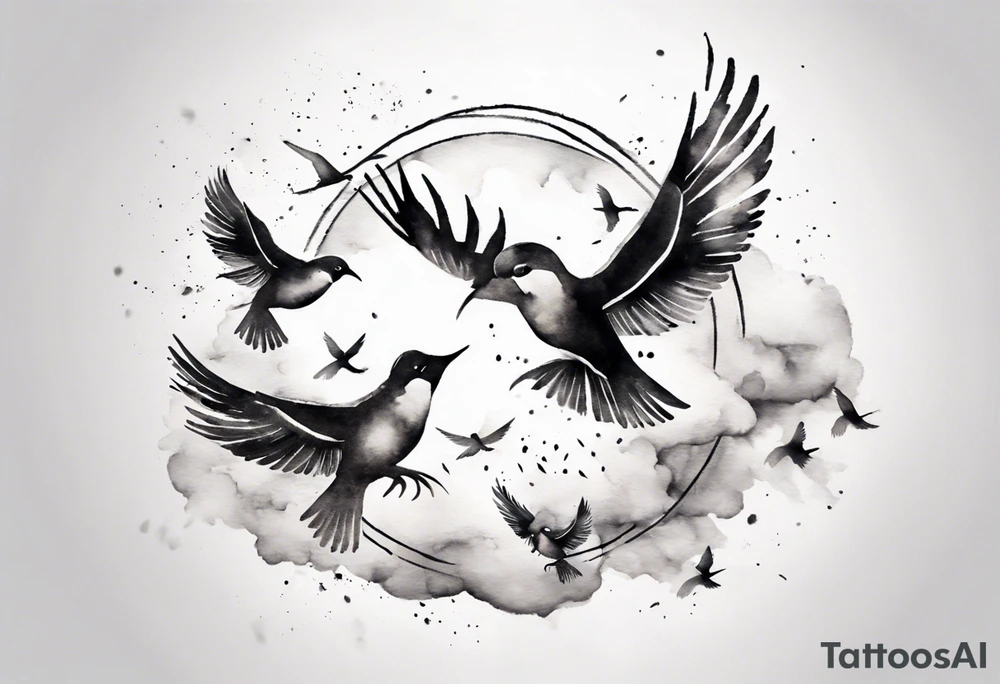 shoulder tattoo with light rays with birds flying free among the clouds, round shape, 3d effect tattoo idea shoulder tattoo with light rays with birds flying free among the clouds, round shape, 3d effect tattoo idea