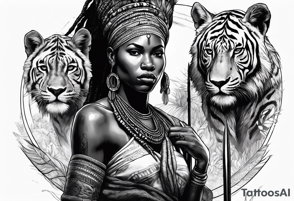 African woman warrior with tribe scars and spear in hand with animals in background tattoo idea