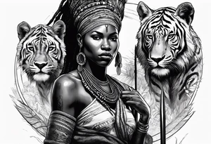 African woman warrior with tribe scars and spear in hand with animals in background tattoo idea