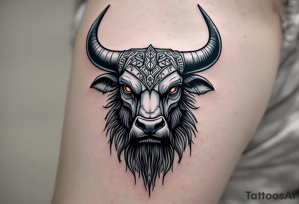 Viking Bull Head – Nordic-style bull head in cold steel gray and charcoal, beard-like fur under the chin, and runic symbols carved into the horns. tattoo idea