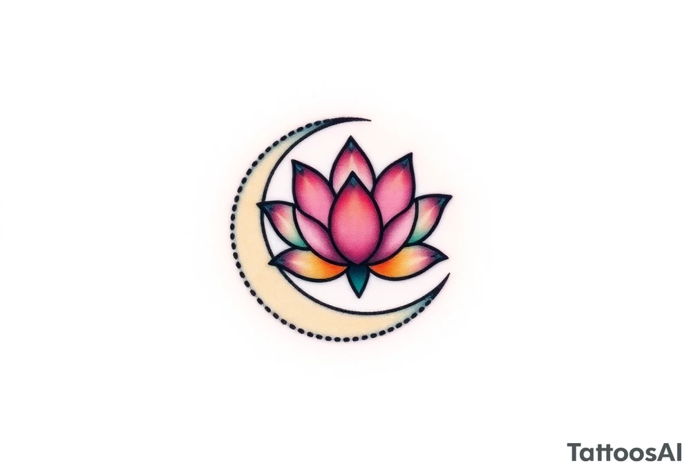 small colorful crescent moon with lotus flower tattoo idea