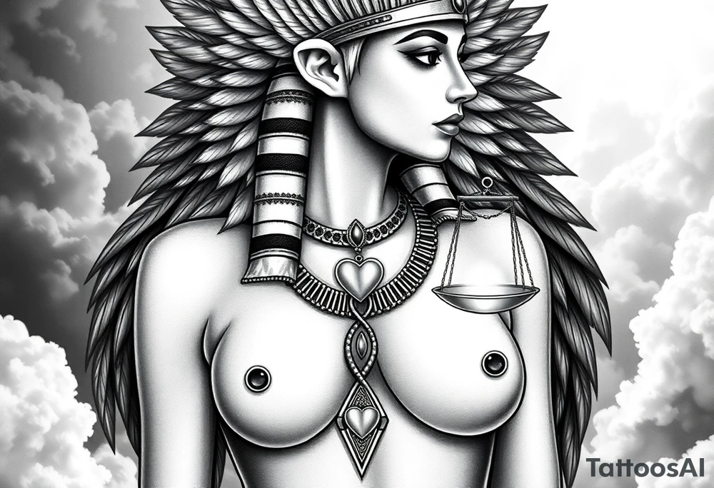 Beautiful Egyptian goddess with a curvy body and breasts showing. She is wearing an ostrich feather headdress, and intricate ancient Egyptian jewelry the Anhk necklace. Background includes something similar to heaven. Incorporate the Scales of Justice—one side holding a heart, the other Ma’at’s feather—glowing with ethereal energy. Emphasize dramatic lighting, deep shadows, and surreal, mystical atmosphere tattoo idea