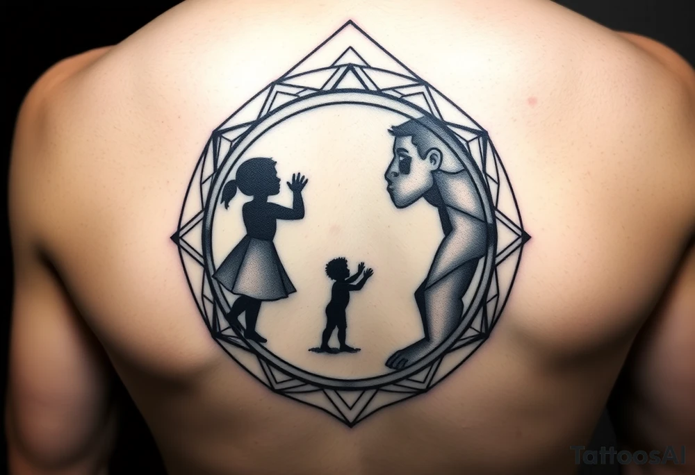 Geometric mirror portal tattoo, Art Deco frame mixed with sacred geometry, dual reflection showing silhouette of small child reaching upward on one side and strong adult figure on opposite side, abstract representation using shapes and shadows - child side has curved soft lines, adult side has sharp angular lines, dotwork and linework combination, black and grey, vertical design for upper arm tattoo idea