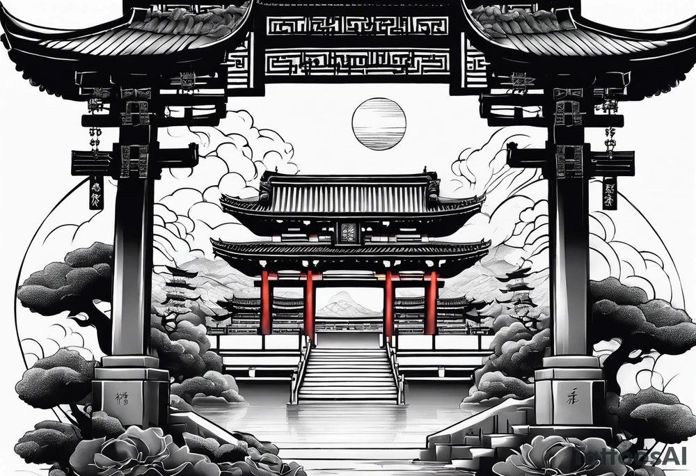 Dragón and samurai in zen circule, tori gate tattoo idea