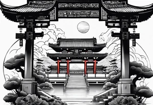 Dragón and samurai in zen circule, tori gate tattoo idea