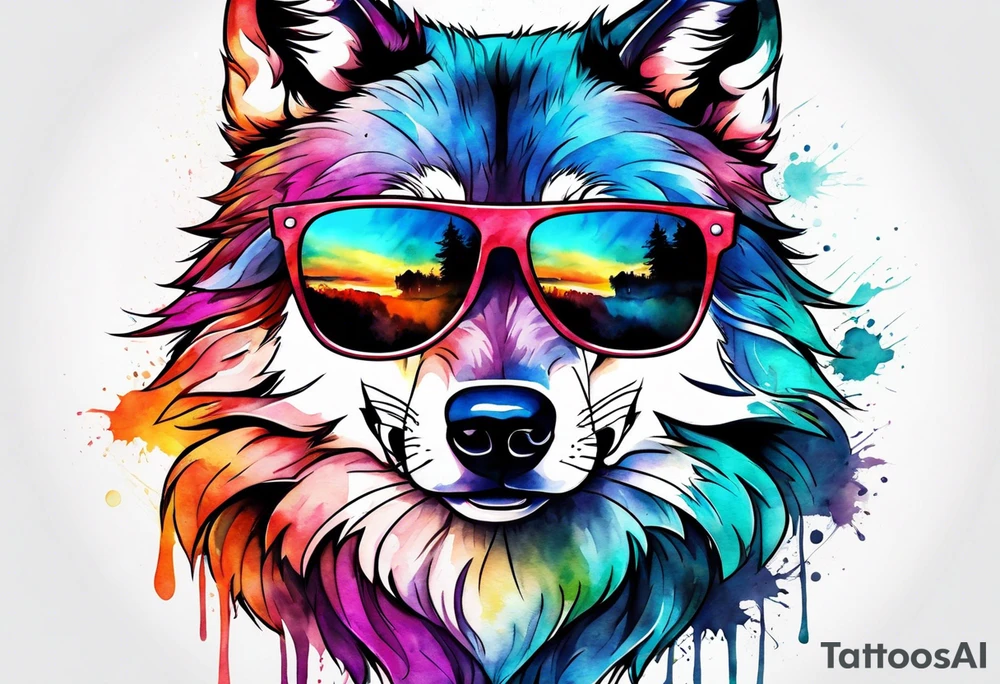 Watercolor wolf wearing sunglasses tattoo idea
