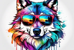 Watercolor wolf wearing sunglasses tattoo idea