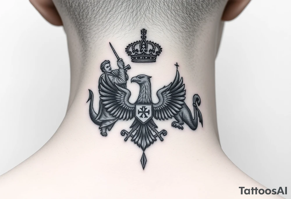 St. George slaying the dragon (hugely common in Russian Orthodox art)
Russian imperial crown above the eagle
Crossed swords or a Russian sabre
The Kremlin or St. Basil's Cathedral scene tattoo idea