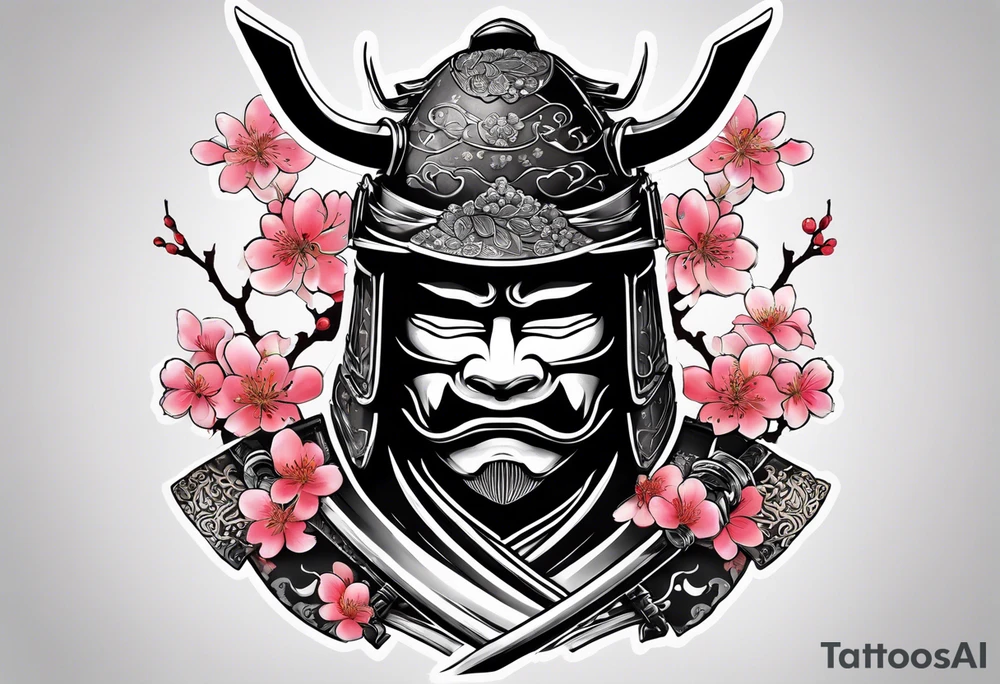 Create a black and white image that incorporates the following: A samurai helmet with a traditional samurai face mask and body armor turned slightly to the side, a decorated Japanese body armor below the mask with the samurai’a hand in his sheathed sword and cherry blossoms scattered tattoo idea