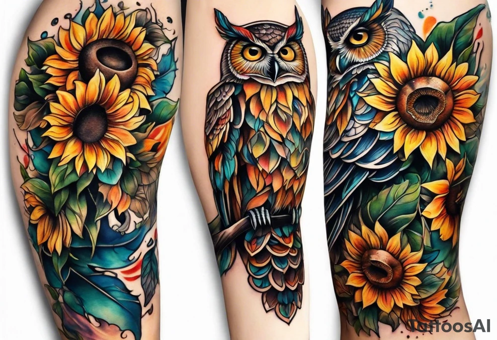 Leg sleeve with colorful sunflowers and an owl tattoo idea