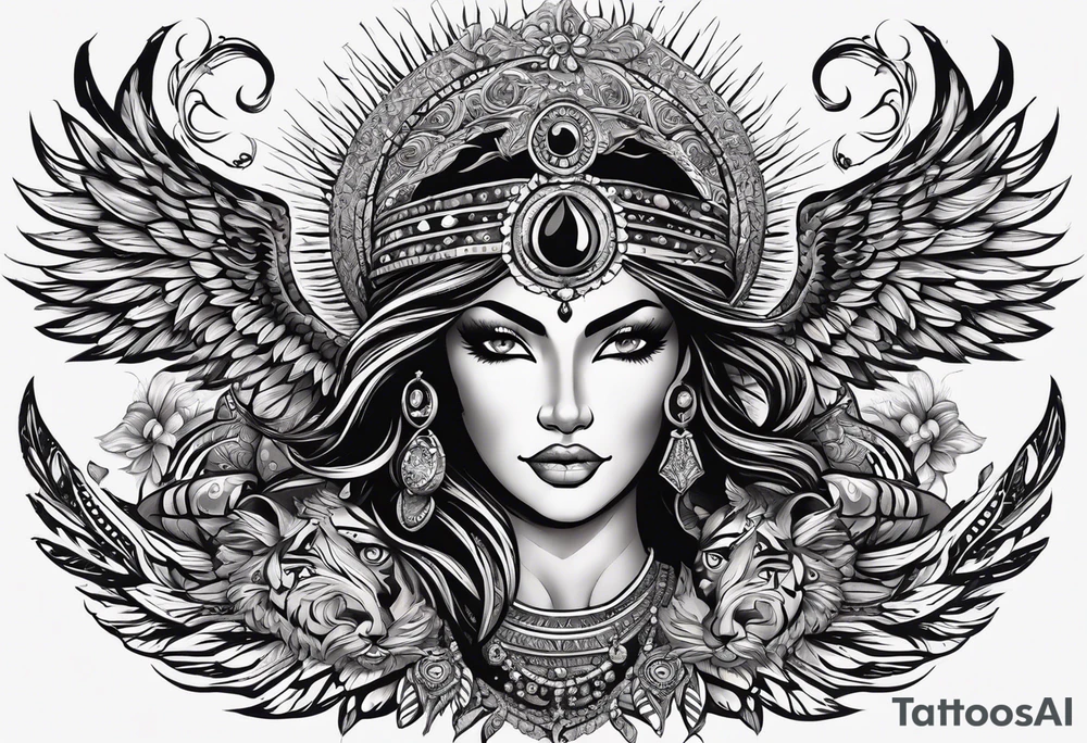 black kali, goddess pirate, alien, angel, pachamama, valkrye, warrior, flying, skull, lotus azul, wing, eagle, zenza resonance, stars, 5D, anahata chakra, death, durga, riding on a tiger, flying lady, kundalini, chest tatoo, samuri, rebel tattoo idea