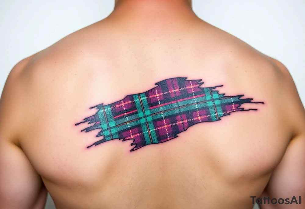Side of arm Dark Purple with green pink blue and white highlights tartan fabric with skin peeling away at edges tattoo idea