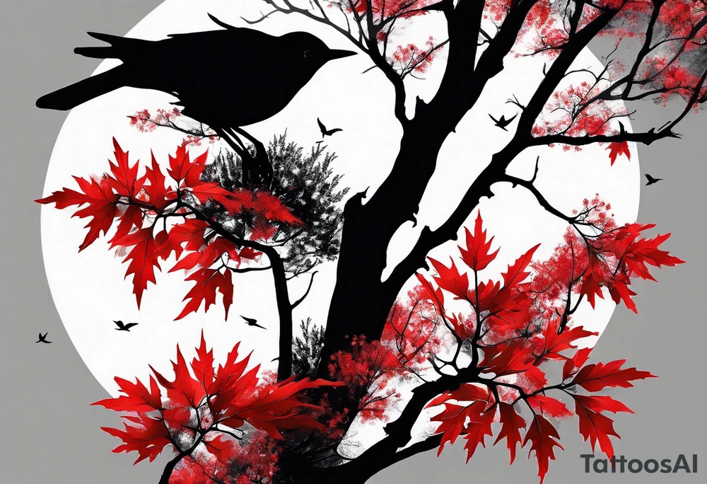 trash polka style. Arm tattoo. chest tattoo. Long tattoo. large tattoo. Full sleeve. Shoulder. A single large maple tree with red autumn leaves that branches upwards from wrist to shoulder. White-throated dipper bird on the trees branches. Calluna flowers at the base of the trees stem. Tree stem has dark colors. Red/yellow sunset behind the trees stem. Leaves falling. tattoo idea