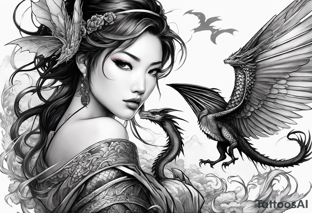 beautiful warrior nymph with wings and a dragon friend tattoo idea