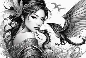 beautiful warrior nymph with wings and a dragon friend tattoo idea